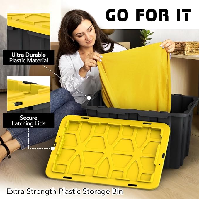4 PACK of 17 Gallon Large Black & Yellow Storage Bins | Plastic Tote Organizing Container with Secure Latching Lids, Stackable, Extra Strength with Built in Handle | 24.5" x 16.5" x 13.5"