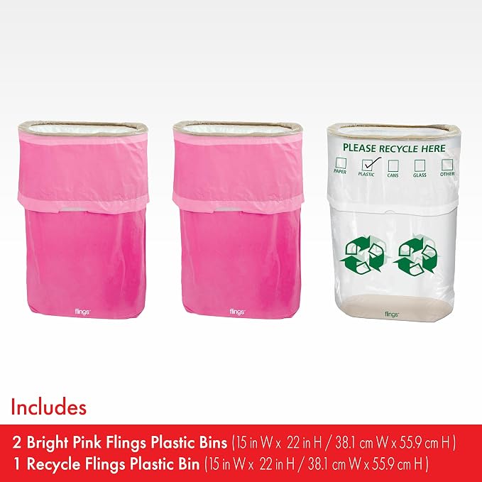 Party City Flings Plastic Bin (3-Pack) -Bright Pink (2) and Recycle (1) - 22 x 15 - Stylish & Convenient Portable Waste Solution for Events & Parties