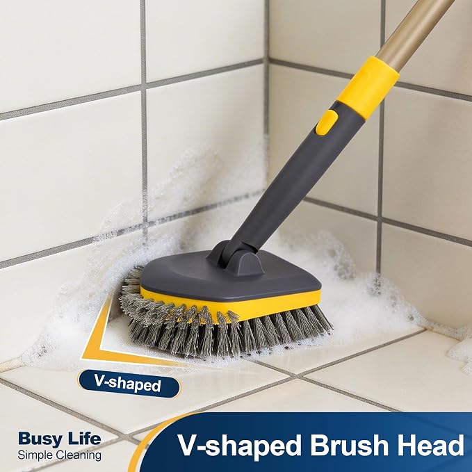 Yocada Tub Tile Scrubber Brush 2 in 1 Cleaning Brush 58.2" Telescopic Pole | Stiff Edge Bristles 4*Scouring Pads for Bathroom Shower Floor Corner Cleaning Non Scratch