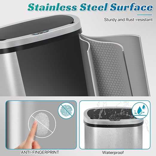 Dkeli 13 Gallon Automatic Motion Sensor Trash Can, Stainless Steel Touchless Kitchen Trash Can with Lid, 50L High-Capacity Office Bathroom Bedroom Garbage Bin