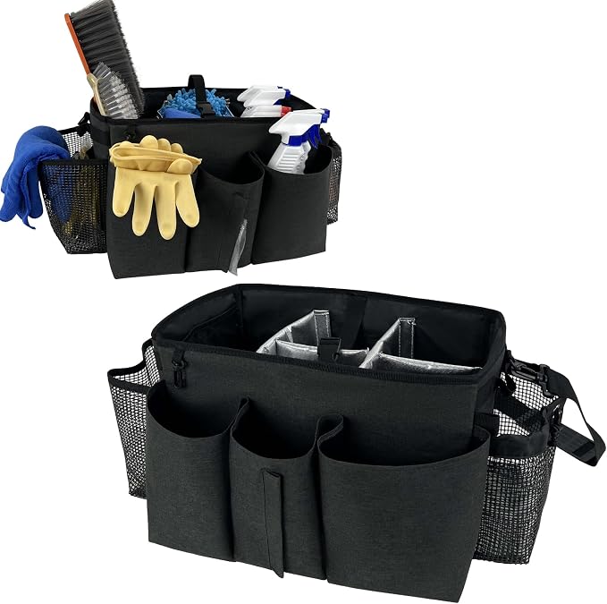 Large Cleaning Caddy Bag, Wearable Cleaning Supplies Organizer with Shoulder and Waist Straps, Multiple Compartments Tool Organizer with Detachable Divider for Cleaners (Black)