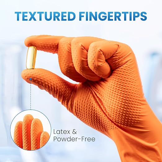 Borje Orange 8 Mil Nitrile Disposable Gloves, 100 Count, X-Large | Heavy-Duty, Latex & Powder Free, Raised Diamond Texture, Mechanic, Industrial, Automotive, Gardening
