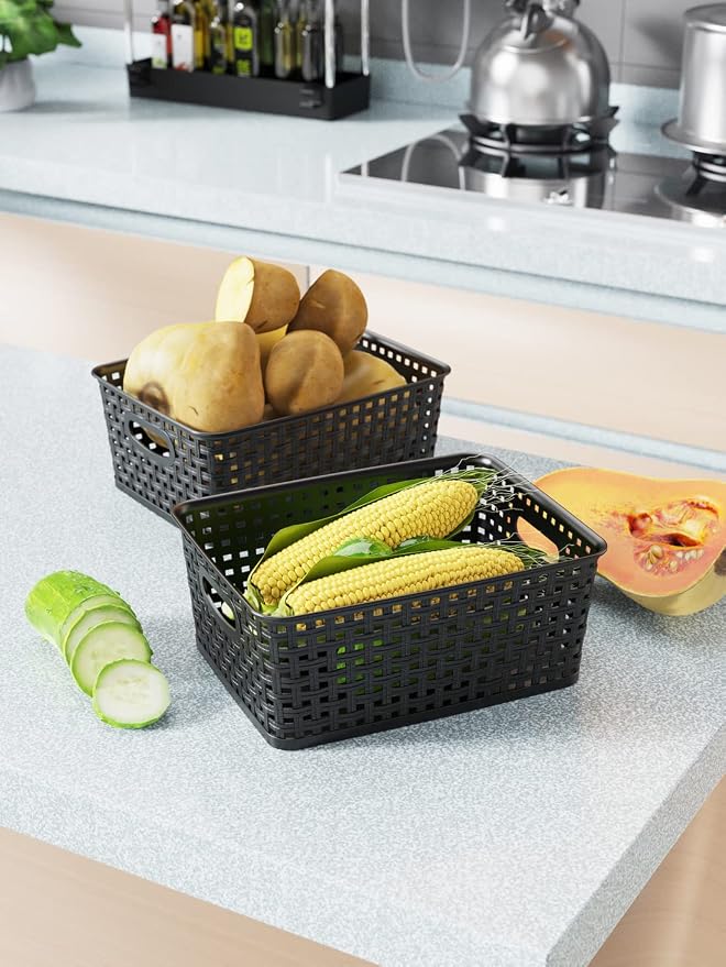 WYT 12-Pack Plastic Small Shelf Storage Weave Baskets for Organizing, Black