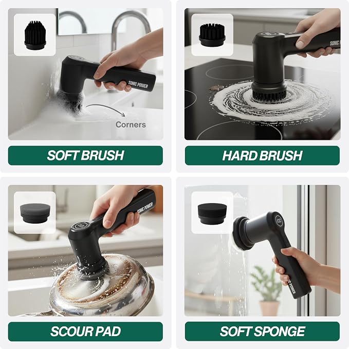 SonicPower Electric Spin Scrubber – Handheld & Ergonomic, IPX7 Waterproof, 4 Multi-Purpose Brush Heads, Long-Lasting Rechargeable Battery – Cleans Dishes, Bathroom, Tile, Grout & Kitchen (Black) | Handheld & Ergonomic, IPX7 Waterproof, 4 Multi-Purpose ...