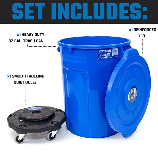 Magnum Blue 32 Gallon Trash Can Set (Trash Can, Quiet Dolly, and Reinforced Lid), Construction Grade, Jobsite Ready for Handling and Rolling Garbage CMTC-CLD0-32B01 (1 Set)