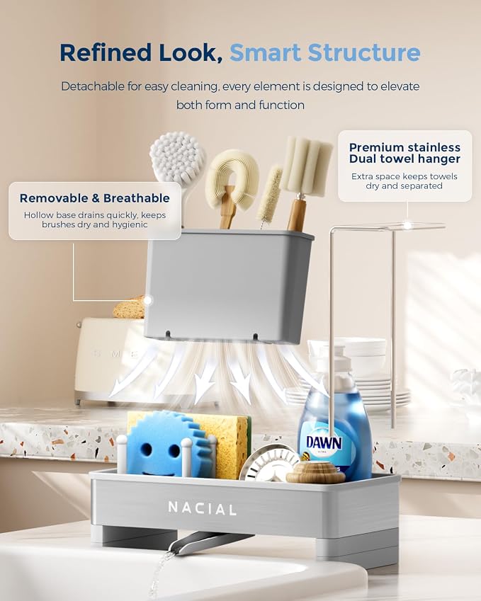 Nacial Kitchen Sink Organizer, Sink Caddy with Sponge & Tall Brush Holder | 304 Stainless Steel Kitchen Countertop Organizer with Double-Bar Towel Holder, Stores Sponge, Brush, Towel & Sink Essentials