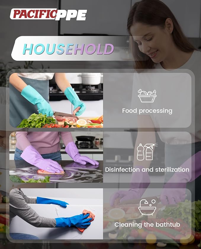 2 Pairs Cleaning Gloves, Cotton Liner, Purple+Blue, Large | Waterproof dishwashing gloves with non-slip grip, Latex-Free, flexible fit for kitchen, bathroom, laundry & cleaning