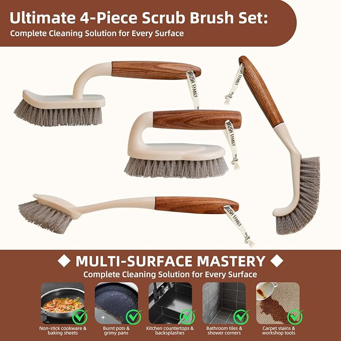 4-Pack Heavy Duty Scrub Brushes Set with Wooden Handles | Triangle & Square Floor Scrubber, Dish Brush, Grout Cleaner for Kitchen, Bathroom, Tile, Carpet & Stubborn Stains Removal