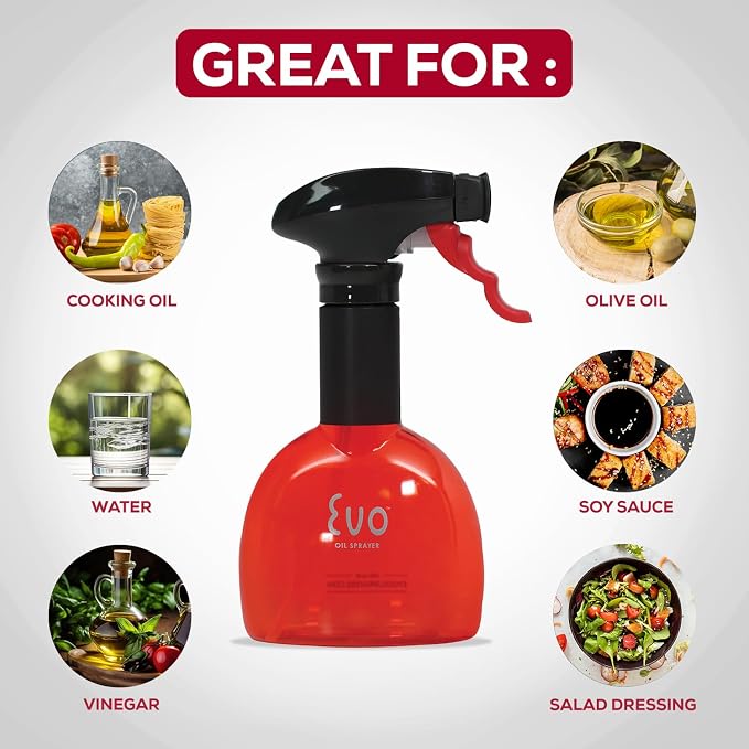Evo Oil Sprayer Minis, Non-Aerosol for Olive, Cooking Oils, and Vinegars, Red, 8-Ounce Capacity, Set of 2 | 1.35ml per pull, scalloped grip, BPA- and latex-free construction