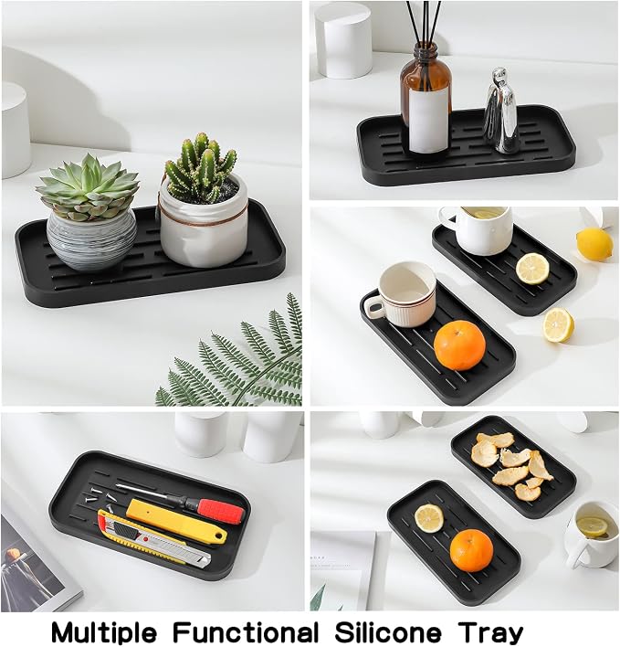 MicoYang Silicone Kitchen Sink Organizer Tray for Multiple Usage,Eco-Friendly Sponges Holder for Kitchen Bathroom Counter or Sink,Dish Soap Dispenser,Scrubber,Bottle,Cup (Black, 10"×5.3")