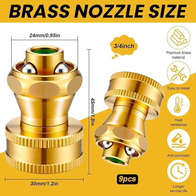 Hotop 9 Pack Big Shot Brass Hose Nozzle Adjustable Twist,3/4 Inch | Threaded Connector for Garden Hose, Heavy Duty Metal, Adjustable Spray Patterns, Leak Proof Seal, For Lawn Yard Watering