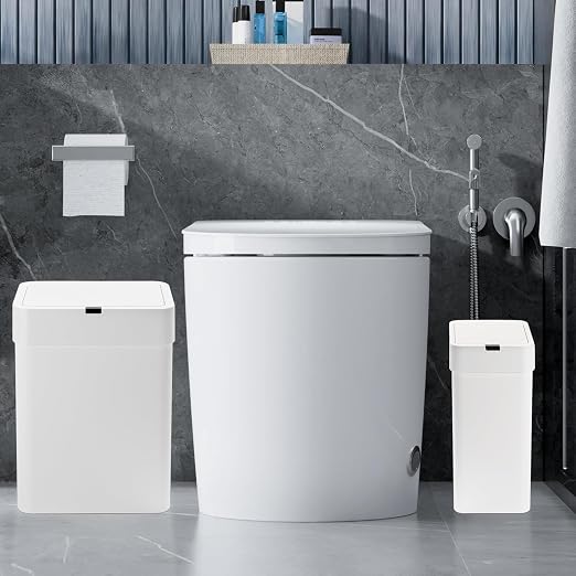 SYNCVIBE 2 Pack Bathroom Trash Can with Lid - 2.5 Gal and 4 Gal Motion Sensor Garbage Bin, Smart Rubbish Bin, Waterproof Slim Dustbin, Automatic Plastic Trash Can for Bathroom, Office, White