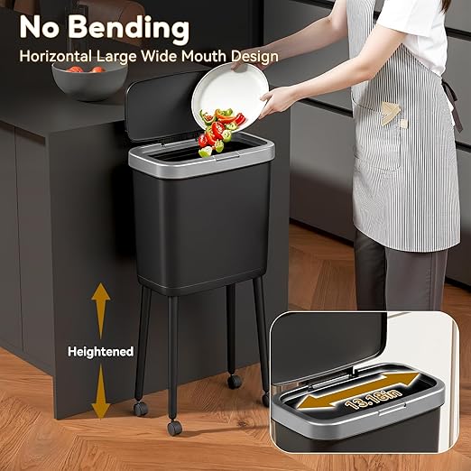 Procade Kitchen Garbage Can with Legs and Wheels,Narrow Rolling Trash Can | 4 Gallon Tall Skinny Wastebasket with Pop-Up Lid,Dog Proof Trash Bin,Black Plastic Garbage Bin for Near Desk,Bathroom,Bedroom