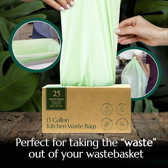 Cleanomic Compostable* 13 Gallon Waste Bags with Drawstring (2 Pack, 50 Count), BPI Certified For Kitchen Compost