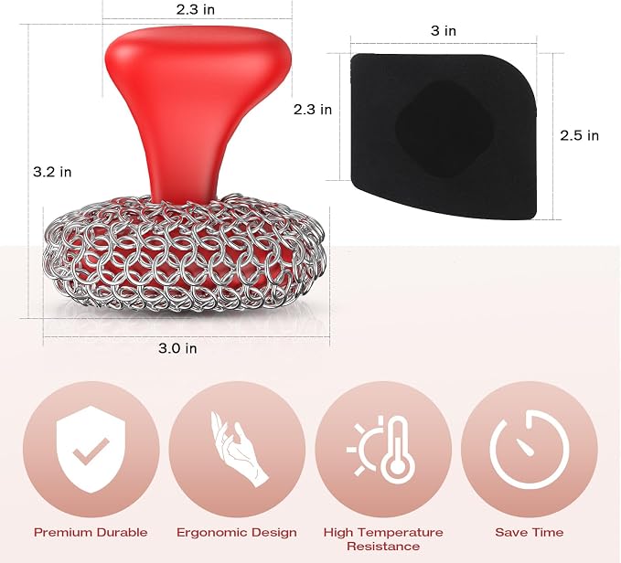 Cast Iron Scrubber Dish Scrub Brush for Cast Iron Pan Skillet | 316 Cast Iron Cleaner, Chain Mail Scrubber Cast Iron, Dish Scouring Pad, Dishwasher Safe, Cleaning Kit, Red