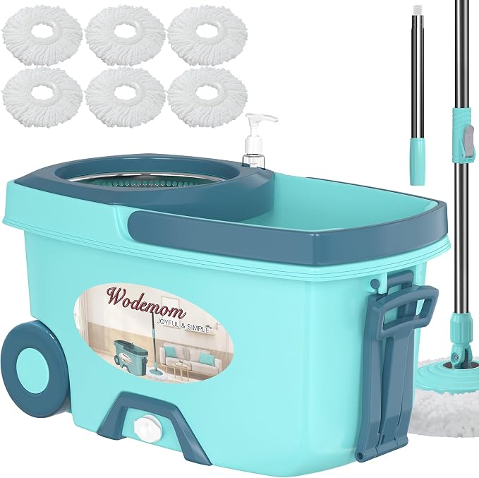 Traditional Large Spin Mop and Bucket, 2 Gal Capacity, Green | 2 Rolling Wheels, Pull Handle, 61-Inch Handle, 6 Mop Heads, Easy Wringing, For Family Homes, Hardwood, Laminate & Tile Floors