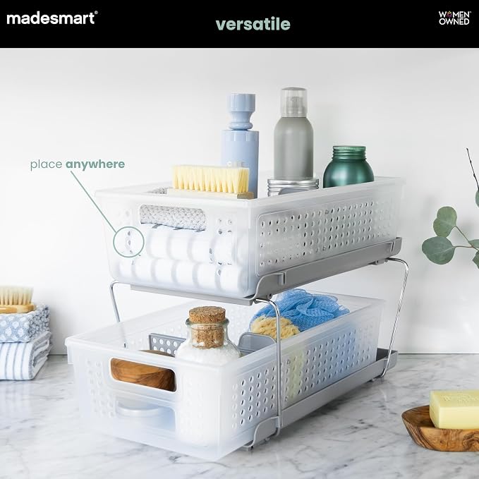 madesmart Two Tier Pull Out Organizer, Frost | adjustable dividers, tiered access, cleaning supplies, under sink use, pantry bottles, woman owned