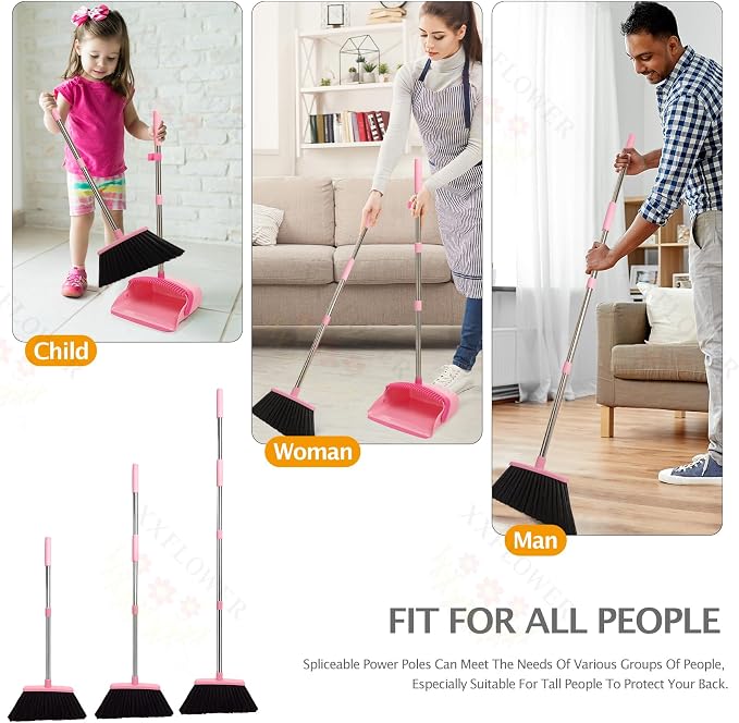 Broom and Dustpan Set, Dustpans with Broom Combo for Home, Heavy Dust Broom and Dustpan Combo, Long Handle Dust Pan and Broom Set for Kitchen, Office, Pet Hair,Pink, Pack of 1