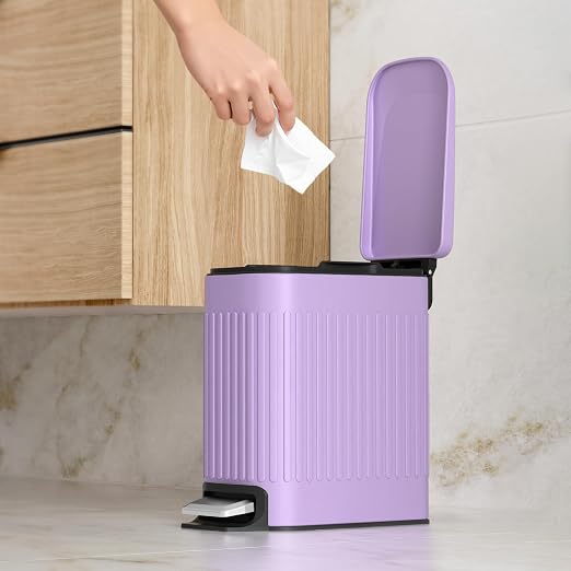 TrashAid 1.6Gal Slim Bathroom Trash Can with Lid Soft Close & Pedal, Purple | Removable Inner Bucket, Stainless Steel Garbage Can, Small Wastebasket for Toilet/Office/Bedroom, Retro Design, Odor Control