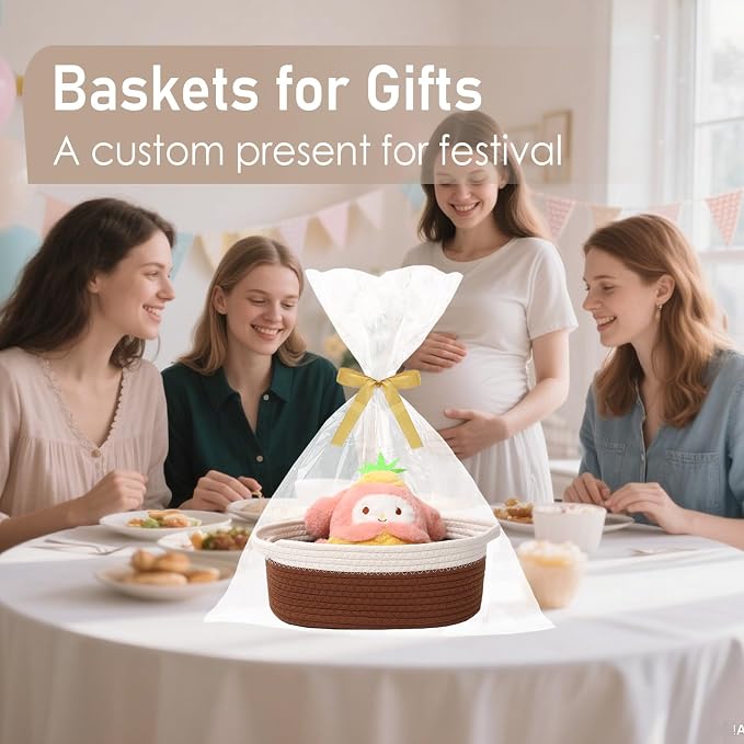 JMvicyroam Small Woven Basket, Empty Gift Basket, White&Brown/2 Pack | Small Gift Basket, Cotton Rope, 12 x 8 x 58 in, Handles, Includes Ribbon and Bag, Birthday Gift Basket