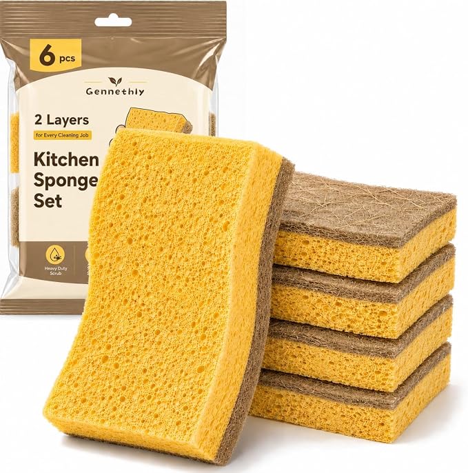Natural Kitchen Sponges for Dish, 6 PCS Cellulose Sponge with Coconut Fiber | Natural cellulose & coconut fiber, Non-scratch cleaning, Rich lasting foam, Flexible design, Easy-grip shape, 6-pack value