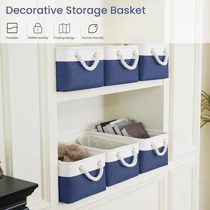 13.8x9.8x6.7 Inch Fabric Small Storage Bins with Handles 6 Pack | Foldable Storage Basket, Sturdy Metal Strand, Cardboard Support Molding, Small Baskets for Organizing, Shelves, White/Blue