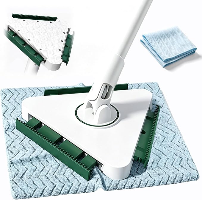 Small Mini Snap Grip Clamp Triangular Dust Mop, One-Click Cloth Change | Disposable Sweeper Mop Compatible with Swiffer Pads, Includes 2 Reusable Cloths for Hardwood, Tile & Small Space Cleaning