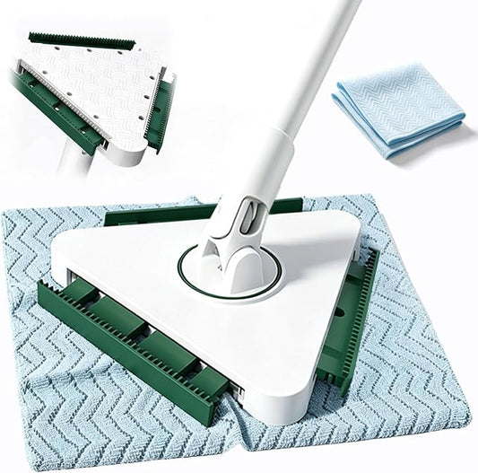 Small Mini Snap Grip Clamp Triangular Dust Mop, One-Click Cloth Change | Disposable Sweeper Mop Compatible with Swiffer Pads, Includes 2 Reusable Cloths for Hardwood, Tile & Small Space Cleaning