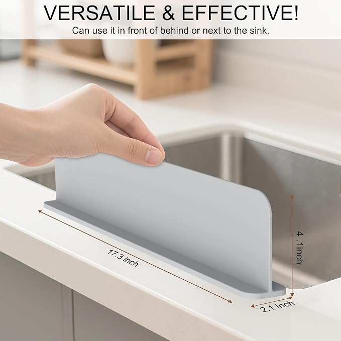 Mofason Silicone Sink Splash Guard for Kitchen Sink Water Splash Guard Grey | 17.3"x4.1" in splash guard for kitchen counter sink area behind faucet with suction cup, sink backsplash guard for front edge