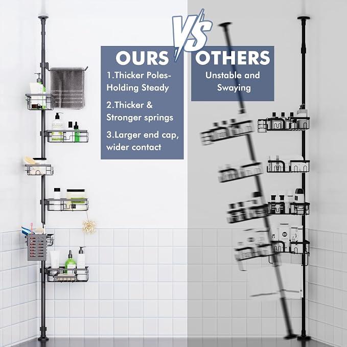 Shower Caddy Organizer Tension Pole, Corner Shower Shelves Bathroom Storage | 6 Tier Shelf, Rustproof 30-120’’ Adjustable, Towel Bar&Soap Dish for Bathroom Organizers, Shower Rack for Inside Shower,Black