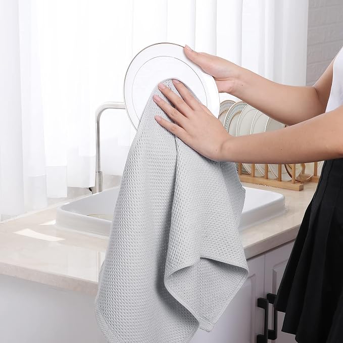 Homaxy 100% Cotton Waffle Weave Kitchen Dish Towels 4-Pack, Light Gray | 13 x 28 Inches, Ultra Soft Absorbent Dish Towels, Quick Drying Cleaning Towels