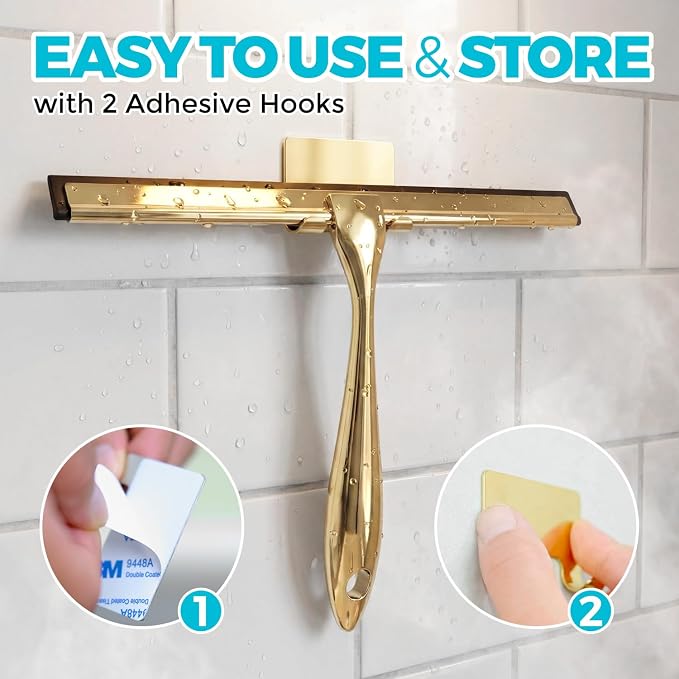 2pcs Shower Squeegee for Glass Doors with Adhesive Hanging Hook Set | 10” Gold, Bathroom Accessories, Window Cleaner, New Home Essentials, Soft Rubber Blade, Metal Handle, Ergonomic Grip