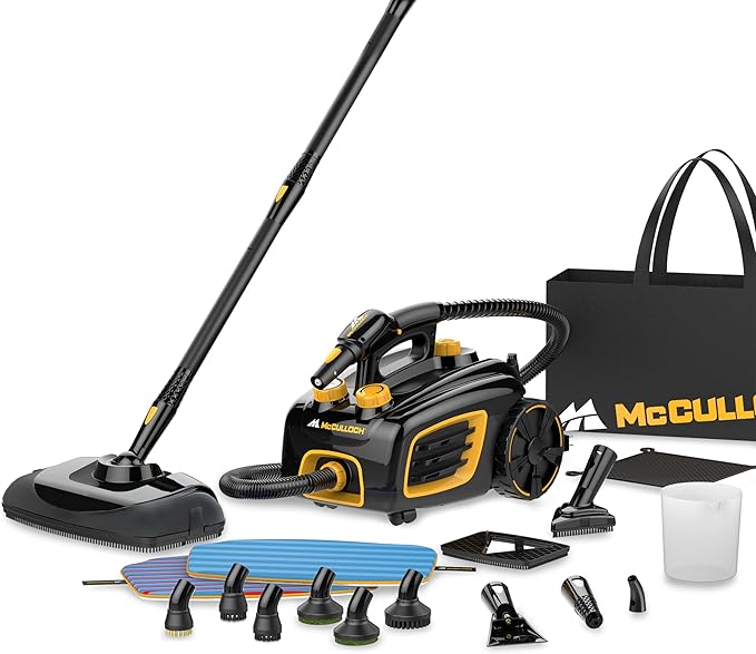 McCulloch MC1375 Canister Steam Cleaner, 90 Min Runtime, 20 Accessories | Jet Nozzle, Brushes, & More - Steam Cleaner for Home, Tile, Carpet, Furniture, & Personal Car Detailing