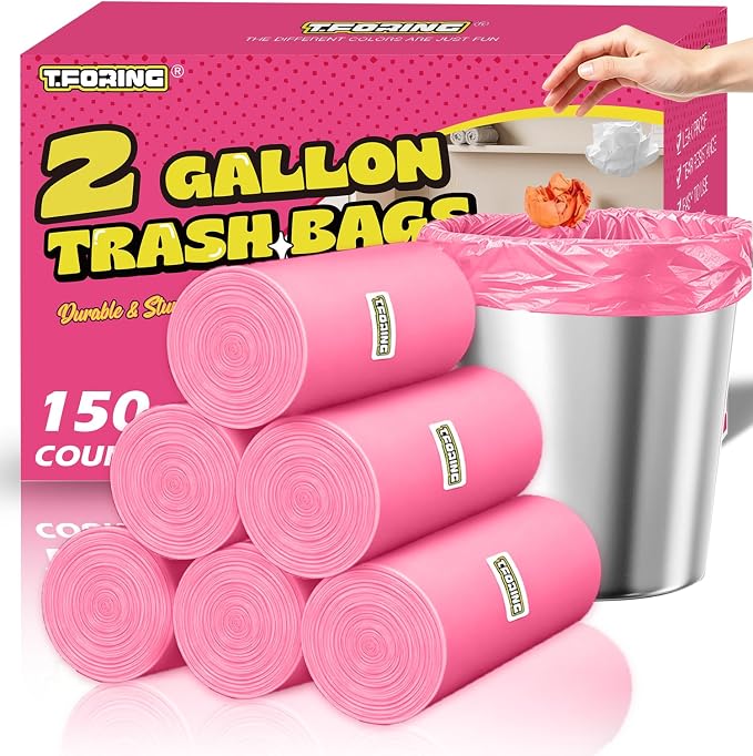 Small 2 Gallon Trash Bags Unscented, 0.78 Mil, Pink, 150 Count | 7.5 Liter Garbage Bag, Plastic Waste Basket Can Liners, Durable, Leakproof, Tear Resistant, for Bathroom Bedroom Home Bulk