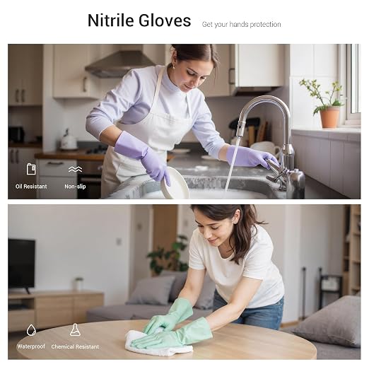 ThxToms Reusable Nitrile Dishwashing Gloves, Latex Free, 10 Mil, M | 4 Pairs, Flexible, Skin-Friendly & Anti-Slip Design for Kitchen Household & Bathroom Cleaning ,Waterproof, Ideal for Dishes