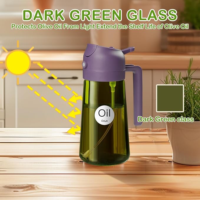YARRAMATE 2Pcs 16oz/470ml Dark Green Oil Sprayer for Cooking with Stickers, Food-grade Premium 2 in 1 Olive Oil Dispenser Bottle for Kitchen Gadgets, Air Fryer, Salad, Frying, BBQ (Black&Purple)
