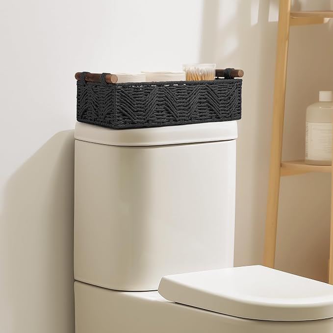 Toilet Paper Storage Basket for Bathroom Countertop Baskets for Organizing | With Handle for Bathroom Bedroom Home Decor Small Basekt for Shelves Apartment Countertop Use,Black