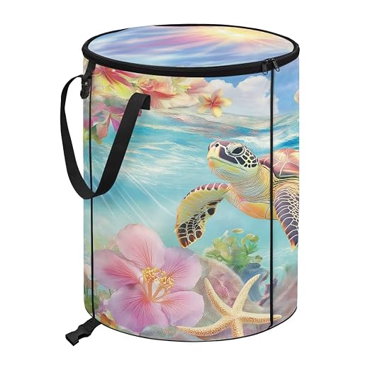 Floral Turtle 24 Gallons Collapsible Camping Trash Can with Lid Waterproof Pop Up Garbage Can for Outdoor Large Capacity Reusable Trash Bin for Yard Lawn Garden Garbage Bag