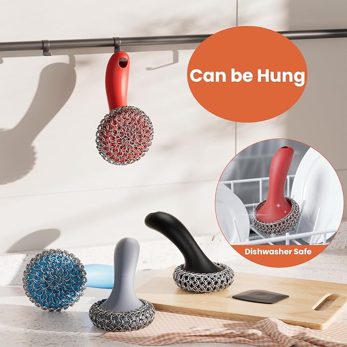Cast Iron Scrubber with Long Handle Dish Scouring Pad Chainmail Cleaner | 316 Cast Iron Scrubber for Pan Skillet, Dishwasher Safe Cleaning Kit (Red, 1 Scrubber + 1 Scraper)