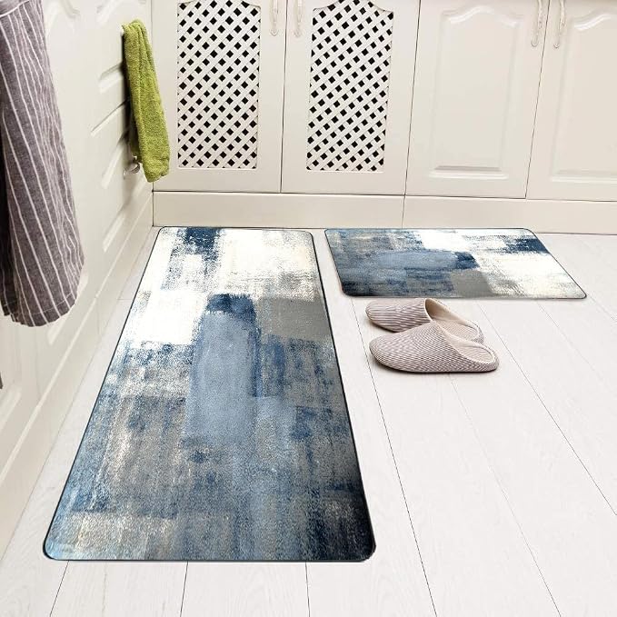 TOMWISH Grey and White Kitchen Rugs Non-Slip Standing Desk Mat | Kitchen Rug Set for Kitchen Floor Office Dining Room Sink Laundry 17"X48"+17"X24" Kitchen Decor and Accessories