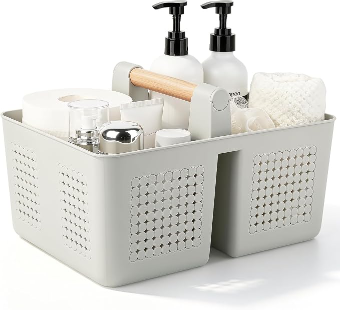 Portable Shower Caddy Basket Plastic Caddy Organizer with Handle Grey | Sturdy Drainage Large Capacity Cleaning Supplies Caddy Tool Storage for Bathroom Kitchen Bedroom College Dorm Essentials