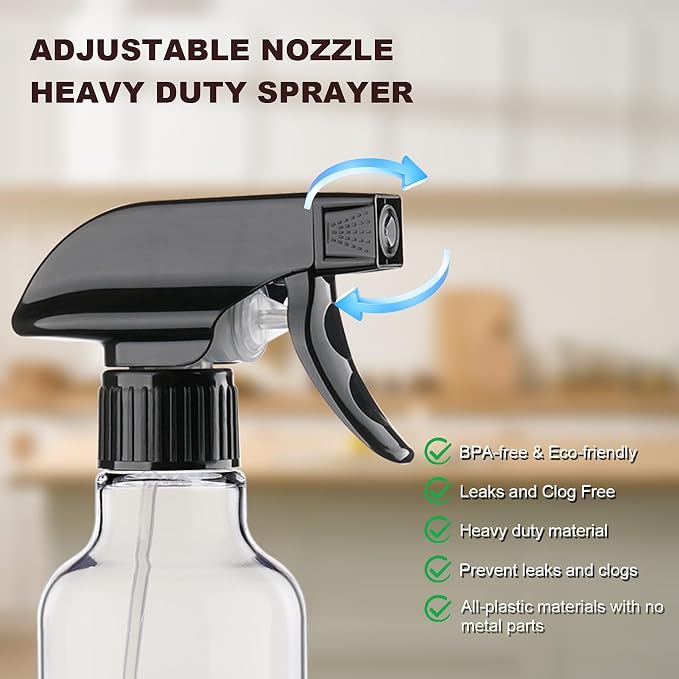 12oz/350ml Plastic Spray Bottles 1 Pack, Adjustable Mist/Stream | Refillable heavy duty spray containers for plants, cooking, hair care and household cleaning