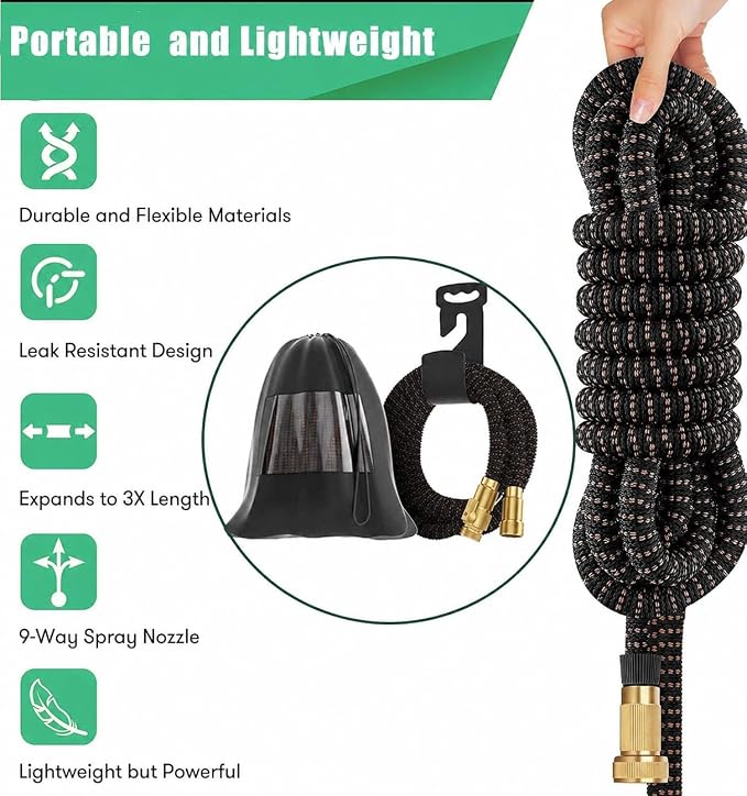 50ft Expandable Garden Hose Flexibility,Lightweight,Flexible, No-Kink | Retractable Water Hose with 10-Function Spray Nozzle,3/4" Solid Brass Fittings,3750D Fabric,Latex Core,durable Leak-Proof