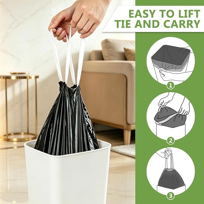 6 Gallon Trash Bags Drawstring, 132 Count, Black | 22.5 Liter, Bathroom Trash Can Bin Liners, Plastic Garbage Bags for home office kitchen