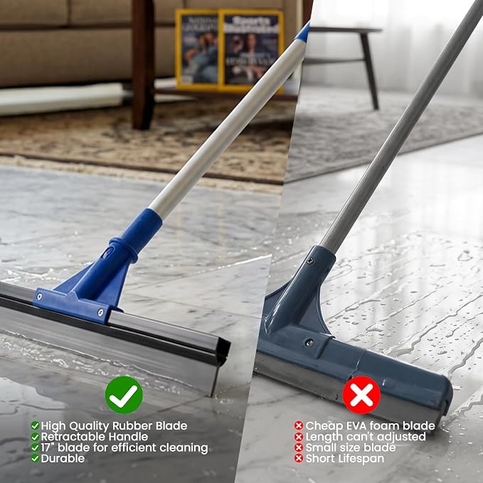 Floor Squeegee for Concrete Floor, 18" Large Heavy Duty Squeegee for Floor, Rubber Broom with 60" Long Handle for Garage Concrete Bathroom Kitchen Pool Glass Window