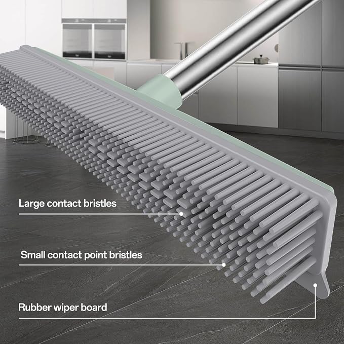 50" Carpet Rake Pet Hair Removal, Rubber Broom with Built-in Squeegee,Green | Multi-Surface Rubber Broom with Built in Squeegee Edge, Sweeps up Fur, Hair, and Debris on Tile, Wood, Vinyl, and Carpet