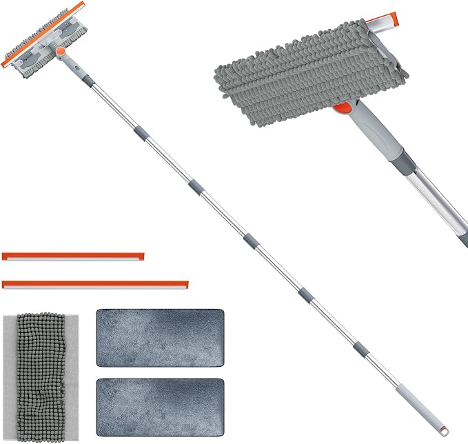 6.4FT Extendable 2-in-1 Window Squeegee & Scrubber with Long Handle, 180° Adjustable Head, Streak-Free Silicone Blade, Multi-Purpose Glass Cleaning Tool for High Windows, Mirrors & Car Windshields