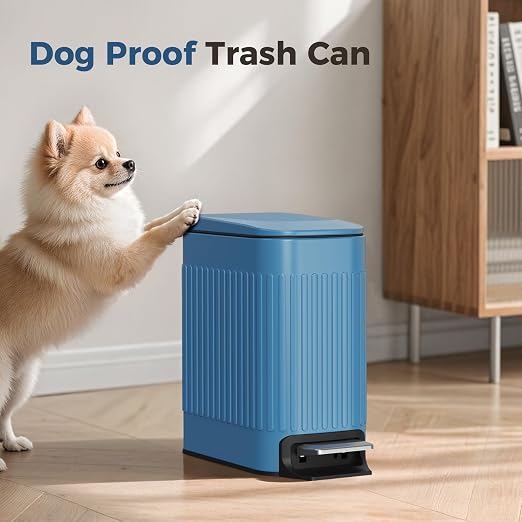 TrashAid Slim Bathroom Trash Can with Lid Soft Close & Pedal, 1.6Gal, Blue | Removable Inner Bucket, Stainless Steel Garbage Can, Small Wastebasket for Toilet/Office/Bedroom, Retro Design, Odor Control