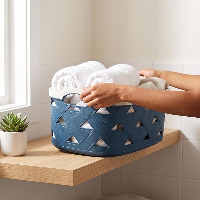 Large Plastic Storage Basket with Handles – Blue & Cream Decorative Bin for Bathroom, Kitchen, or Living Room – Designer Leather Pattern Organizer Basket, 10.6L