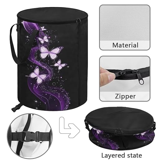BIGCARJOB Bling Butterfly Collapsible Trash Can Camping Gargabe Bin Tall Trash Can Large Capacity Pop Up Garden Bag for Travelers Camper Trailer, 22.83x17.71 in
